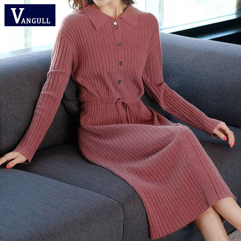 Vangull Women Knitted Dress Female Long Sleeve Dress 2019 New Autumn Winter Turn-down Collar Button Solid Slim Dresses