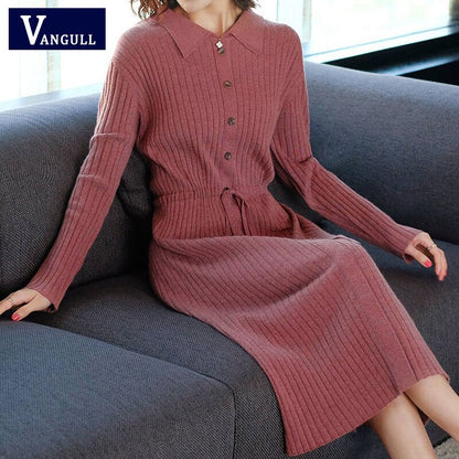 Vangull Women Knitted Dress Female Long Sleeve Dress 2019 New Autumn Winter Turn-down Collar Button Solid Slim Dresses