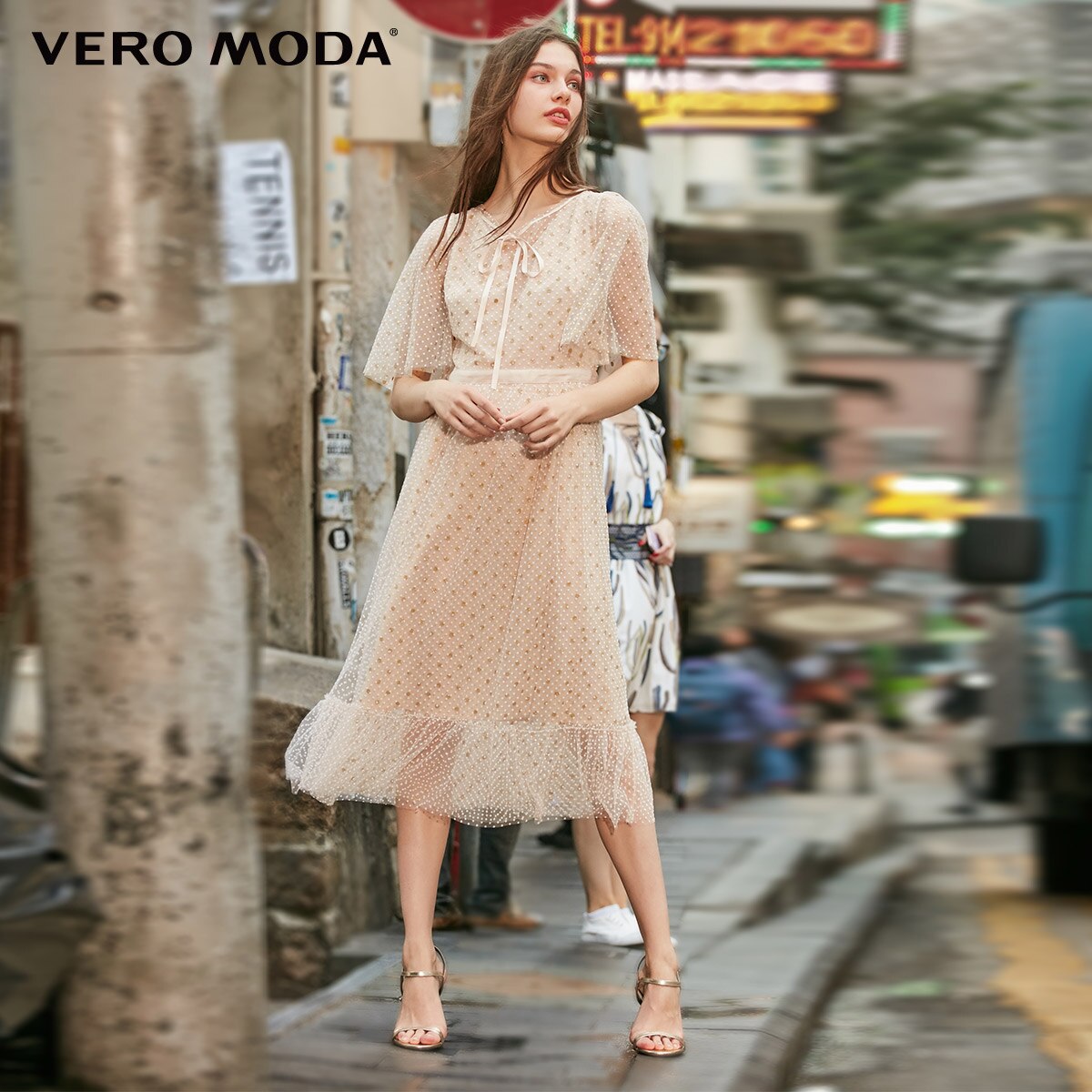 Vero Moda Women's Vintage Flocking Polka Dots Laced Gauzy Dress | 31916Z509