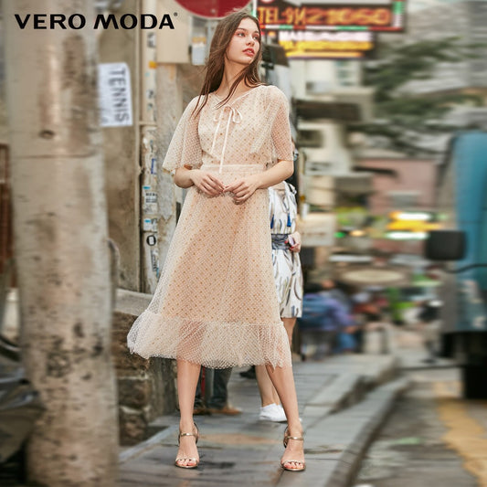 Vero Moda Women's Vintage Flocking Polka Dots Laced Gauzy Dress | 31916Z509