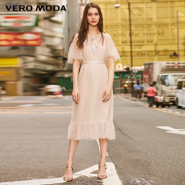 Vero Moda Women's Vintage Flocking Polka Dots Laced Gauzy Dress | 31916Z509