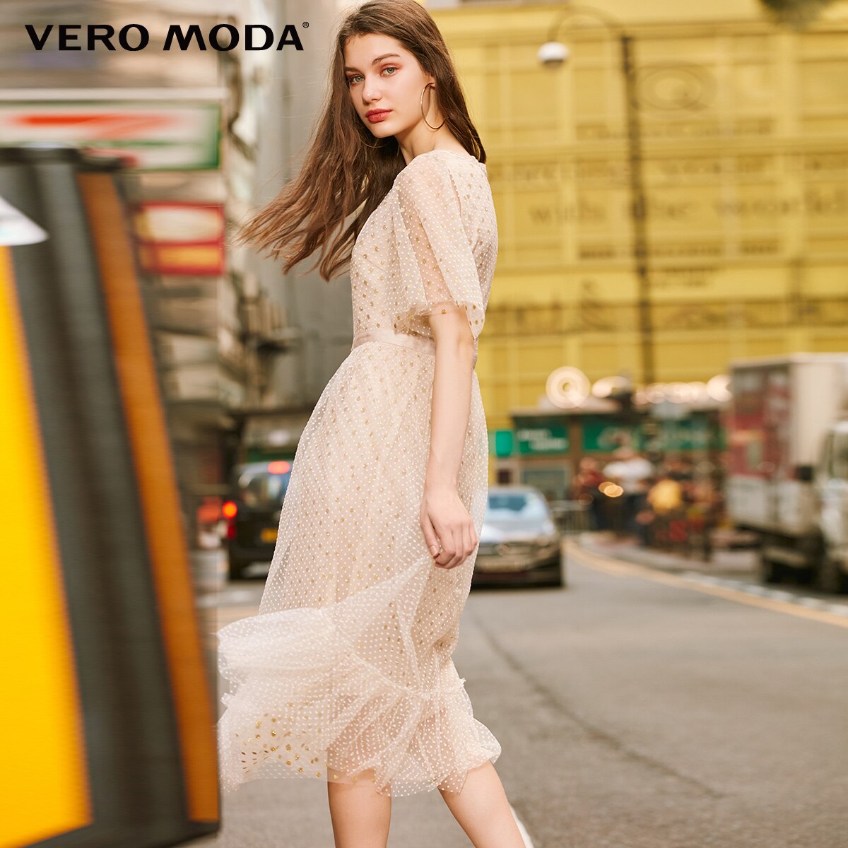 Vero Moda Women's Vintage Flocking Polka Dots Laced Gauzy Dress | 31916Z509