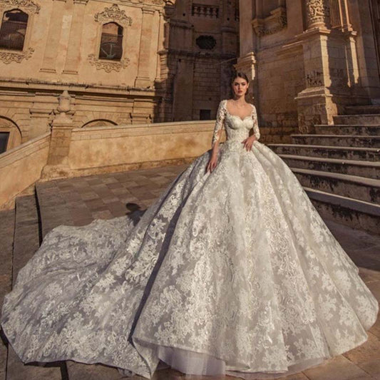 Vestido De Novia Vintage Luxury Lace Ball Gown Wedding Dress 2019 Sexy Square Collar Long Sleeves Wedding Gown Bride Dress