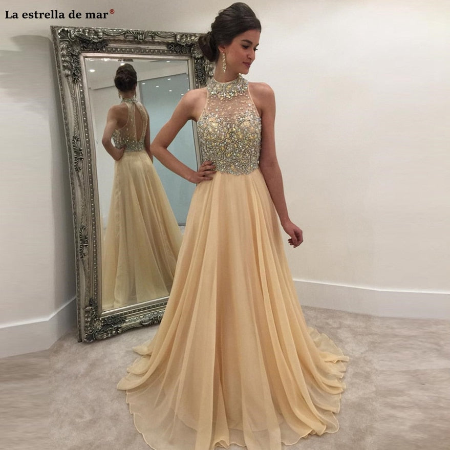 Vestido formatura2019 new high neck chiffon crystal back open A Line champagne prom gown long turkish evening dress custom
