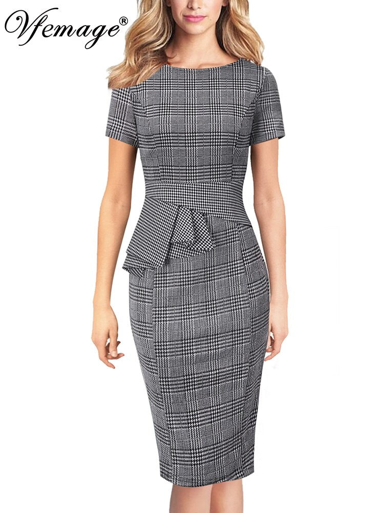 Vfemage Women Autumn Elegant Frill Peplum 3/4 Sleeve Tunic Vintage Office Business Party Stretch Bodycon Sheath Dress 1196