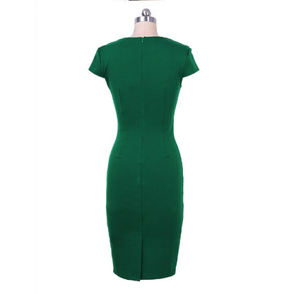Vfemage Women Elegant Notch V Neck Ruched Embellished Waist Work Office Business Cocktail Party Bodycon Pencil Sheath Dress 007