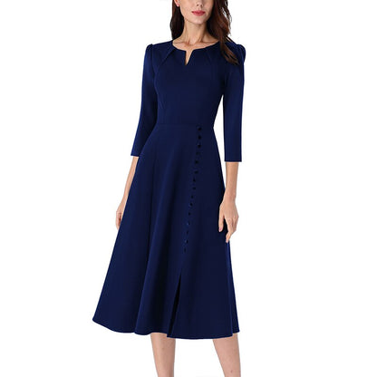 Vfemage Women Pleated Notch V Neck Pockets Buttons Work Office Business Cocktail Party Fit & Flare A Line Skater Midi Dress 2867