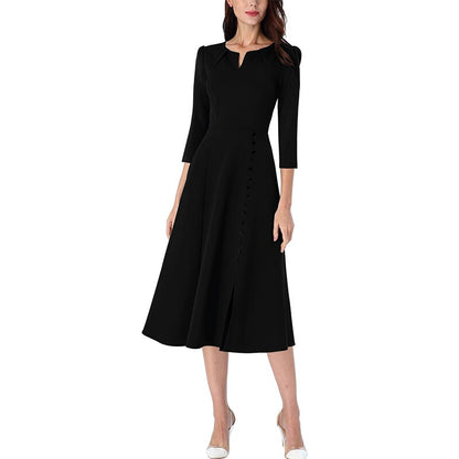 Vfemage Women Pleated Notch V Neck Pockets Buttons Work Office Business Cocktail Party Fit & Flare A Line Skater Midi Dress 2867