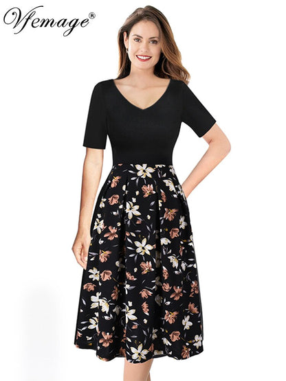 Vfemage Womens Autumn Winter Elegant Vintage Pockets Floral Print Work Business Office Casual Party Tea A-Line Skater Dress 1612