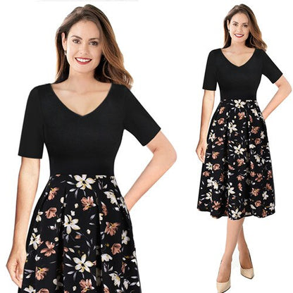 Vfemage Womens Autumn Winter Elegant Vintage Pockets Floral Print Work Business Office Casual Party Tea A-Line Skater Dress 1612