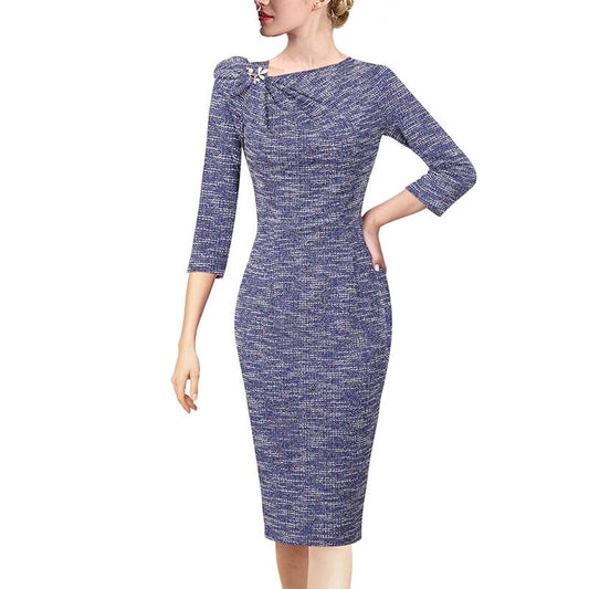 Vfemage Womens Colorblock Floral Solid Pleated Bow Asymmetric Neck Slim Work Office Business Cocktail Party Sheath Dress 18333