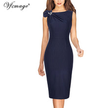 Load image into Gallery viewer, Vfemage Womens Colorblock Floral Solid Pleated Bow Asymmetric Neck Slim Work Office Business Cocktail Party Sheath Dress 18333
