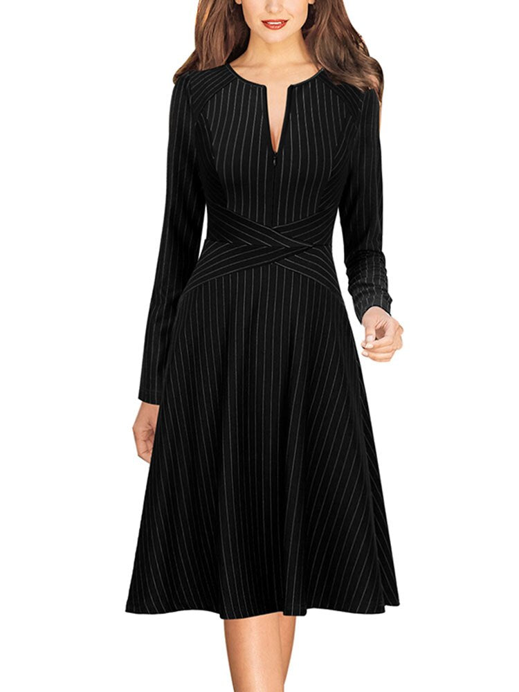 Vfemage Womens Elegant Pinstriped Print Front Zipper Crisscross Casual Work Business Office Party Flare Skater A Line Dress 3568