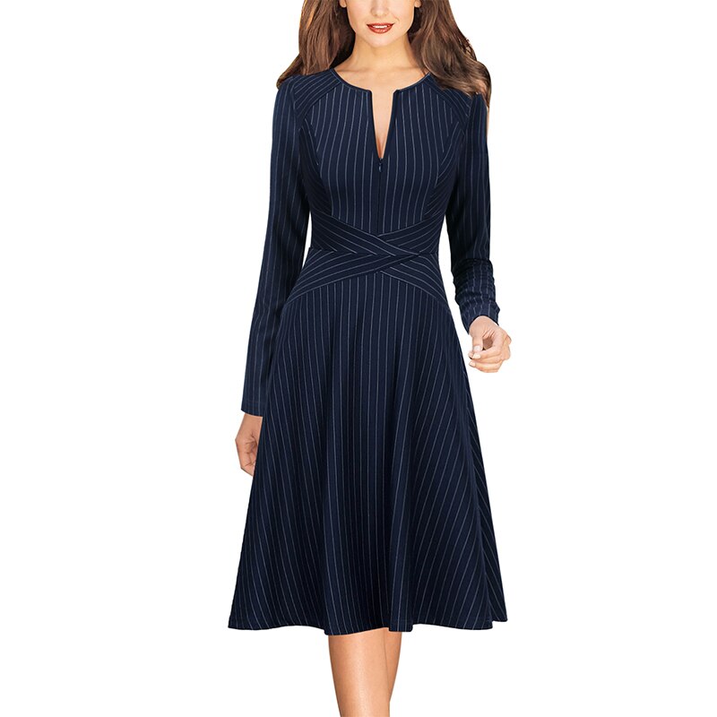 Vfemage Womens Elegant Pinstriped Print Front Zipper Crisscross Casual Work Business Office Party Flare Skater A Line Dress 3568