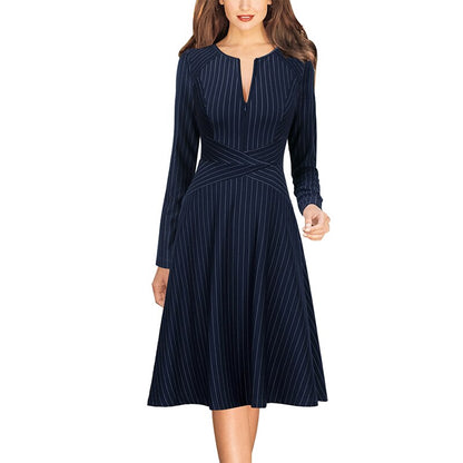 Vfemage Womens Elegant Pinstriped Print Front Zipper Crisscross Casual Work Business Office Party Flare Skater A Line Dress 3568