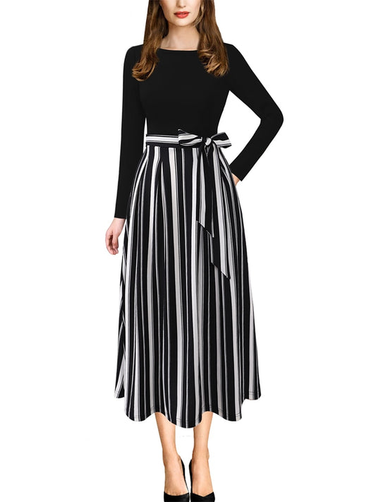 Vfemage Womens Elegant Vintage Autumn Pockets Belted Work Office Business Casual Party Fit and Flare Tea A Line Midi Dress 3609