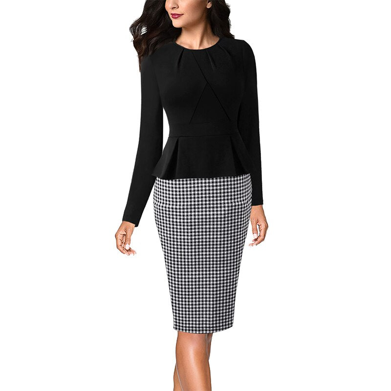 Vfemage Womens Vintage Elegant Pleated Neck Ruffle Peplum Zipper Wear to Work Office Business Vestidos Bodycon Sheath Dress 1515