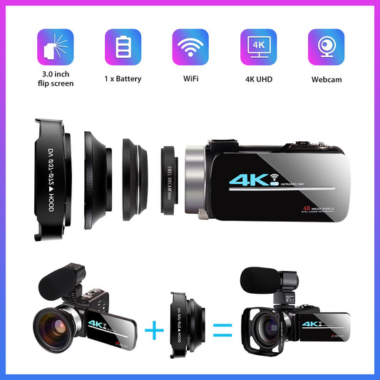Video Camera  4K Camcorder 16X 48MP WiFi Webcam Live Streaming For Youbute 3.0 Inch Touch Screen Nightshot UHD Recorder Handycam