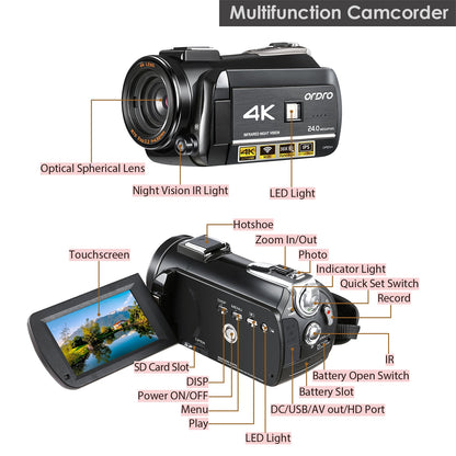 Video Camera 4K Camcorder Full HD WiFi Vlogging Camera Ordro AC3 30X Digital Zoom IR Night Vision Camara
