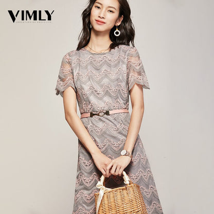 Vimly Women's Striped Elegant Office Lace Women Dress Summer A Line Mesh Dresses Hollow Out High Quality Party Dress With Belt Vestidos