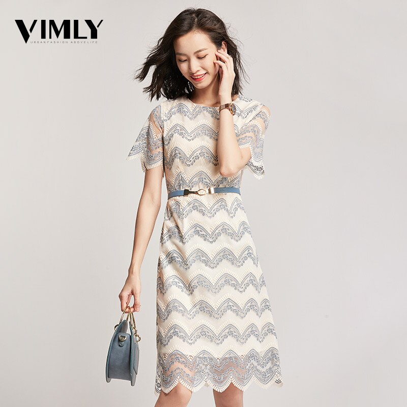 Vimly Women's Striped Elegant Office Lace Women Dress Summer A Line Mesh Dresses Hollow Out High Quality Party Dress With Belt Vestidos