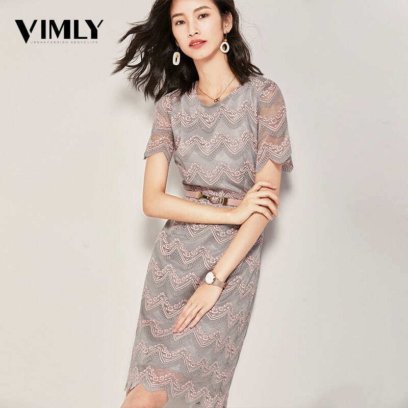 Vimly Women's Striped Elegant Office Lace Women Dress Summer A Line Mesh Dresses Hollow Out High Quality Party Dress With Belt Vestidos
