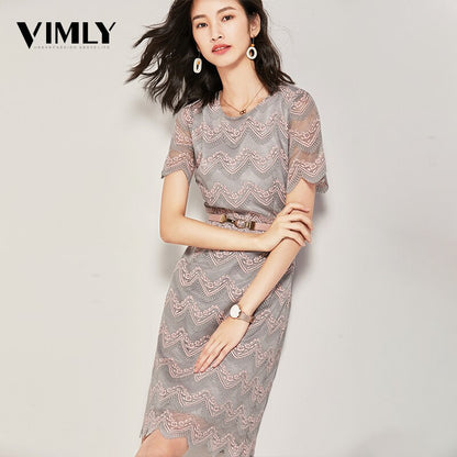 Vimly Women's Striped Elegant Office Lace Women Dress Summer A Line Mesh Dresses Hollow Out High Quality Party Dress With Belt Vestidos