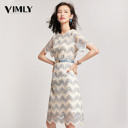 Vimly Women's Striped Elegant Office Lace Women Dress Summer A Line Mesh Dresses Hollow Out High Quality Party Dress With Belt Vestidos