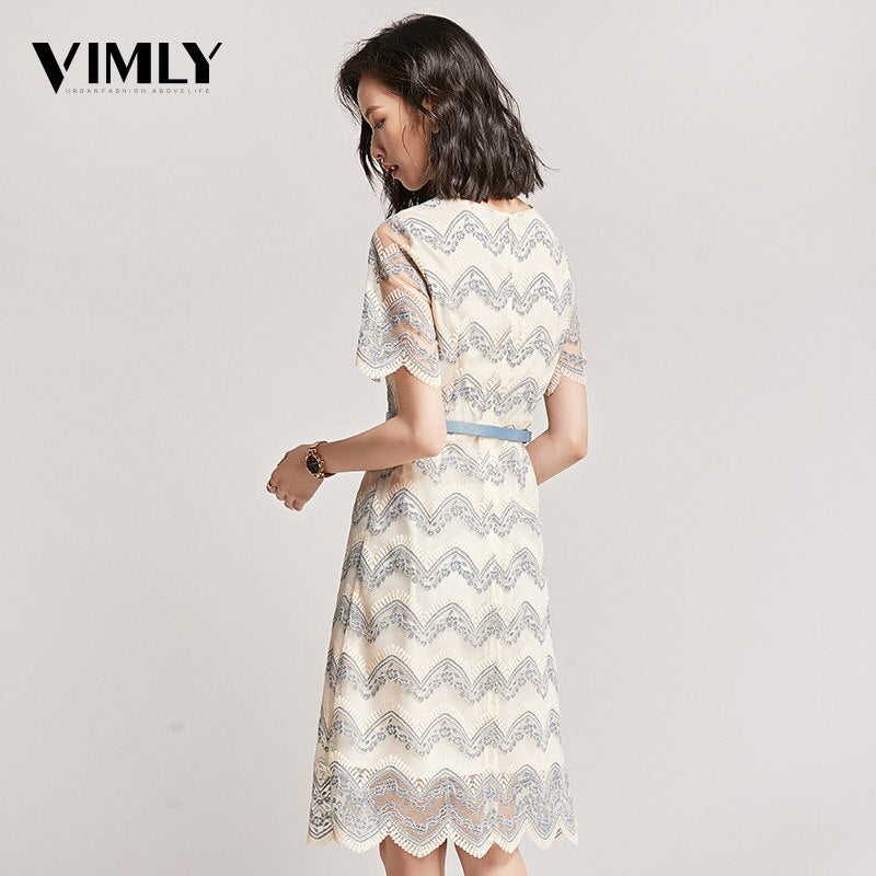 Vimly Women's Striped Elegant Office Lace Women Dress Summer A Line Mesh Dresses Hollow Out High Quality Party Dress With Belt Vestidos