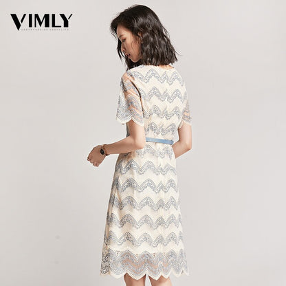 Vimly Women's Striped Elegant Office Lace Women Dress Summer A Line Mesh Dresses Hollow Out High Quality Party Dress With Belt Vestidos