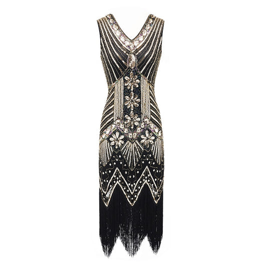 Vintage 1920s Flapper Great Gatsby Dress 2018 Summer Fancy Costumes V Neck Cap Sleeve Sequin Fringe Party Midi Dresses