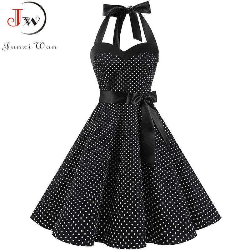 Vintage Dress Women 2019 Summer Sexy Polka Dot Print Halter Party Dresses Vestidos Plus Size Robe Pin Up Rockabilly Dress