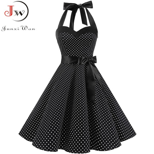Vintage Dress Women 2019 Summer Sexy Polka Dot Print Halter Party Dresses Vestidos Plus Size Robe Pin Up Rockabilly Dress