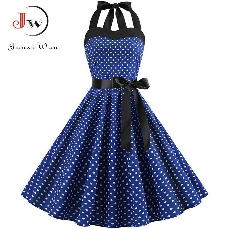 Vintage Dress Women 2019 Summer Sexy Polka Dot Print Halter Party Dresses Vestidos Plus Size Robe Pin Up Rockabilly Dress