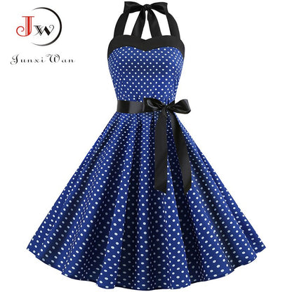 Vintage Dress Women 2019 Summer Sexy Polka Dot Print Halter Party Dresses Vestidos Plus Size Robe Pin Up Rockabilly Dress
