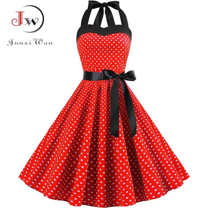 Vintage Dress Women 2019 Summer Sexy Polka Dot Print Halter Party Dresses Vestidos Plus Size Robe Pin Up Rockabilly Dress