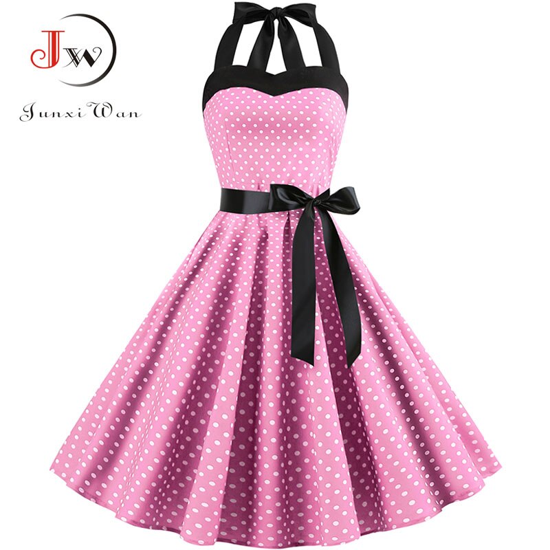 Vintage Dress Women 2019 Summer Sexy Polka Dot Print Halter Party Dresses Vestidos Plus Size Robe Pin Up Rockabilly Dress