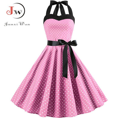 Vintage Dress Women 2019 Summer Sexy Polka Dot Print Halter Party Dresses Vestidos Plus Size Robe Pin Up Rockabilly Dress