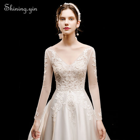 Vintage Lace Satin Long Sleeve Main Wedding Dress Luxury Trailing  High Quality Bridal Gown