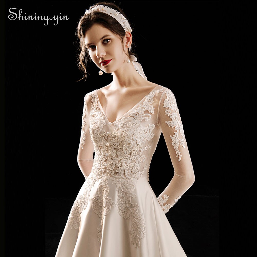 Vintage Lace Satin Long Sleeve Main Wedding Dress Luxury Trailing  High Quality Bridal Gown