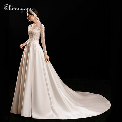 Vintage Lace Satin Long Sleeve Main Wedding Dress Luxury Trailing  High Quality Bridal Gown
