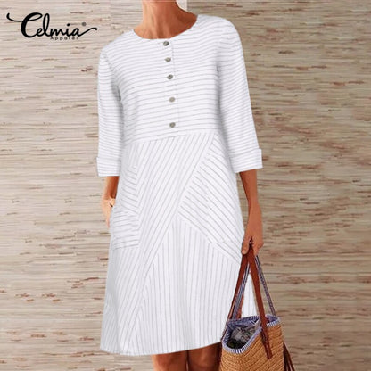 Vintage Women Striped Shirt Dress Celmia 2019 Autumn Long Sleeve Office A line Dress Casual Loose Button Female Vestidos S to 5XL 7