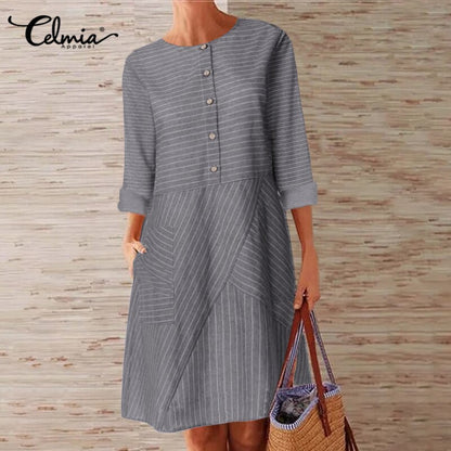 Vintage Women Striped Shirt Dress Celmia 2019 Autumn Long Sleeve Office A line Dress Casual Loose Button Female Vestidos S to 5XL 7