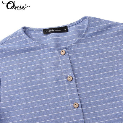 Vintage Women Striped Shirt Dress Celmia 2019 Autumn Long Sleeve Office A line Dress Casual Loose Button Female Vestidos S to 5XL 7