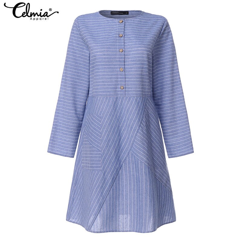 Vintage Women Striped Shirt Dress Celmia 2019 Autumn Long Sleeve Office A line Dress Casual Loose Button Female Vestidos S to 5XL 7