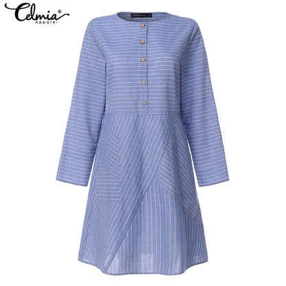 Vintage Women Striped Shirt Dress Celmia 2019 Autumn Long Sleeve Office A line Dress Casual Loose Button Female Vestidos S to 5XL 7