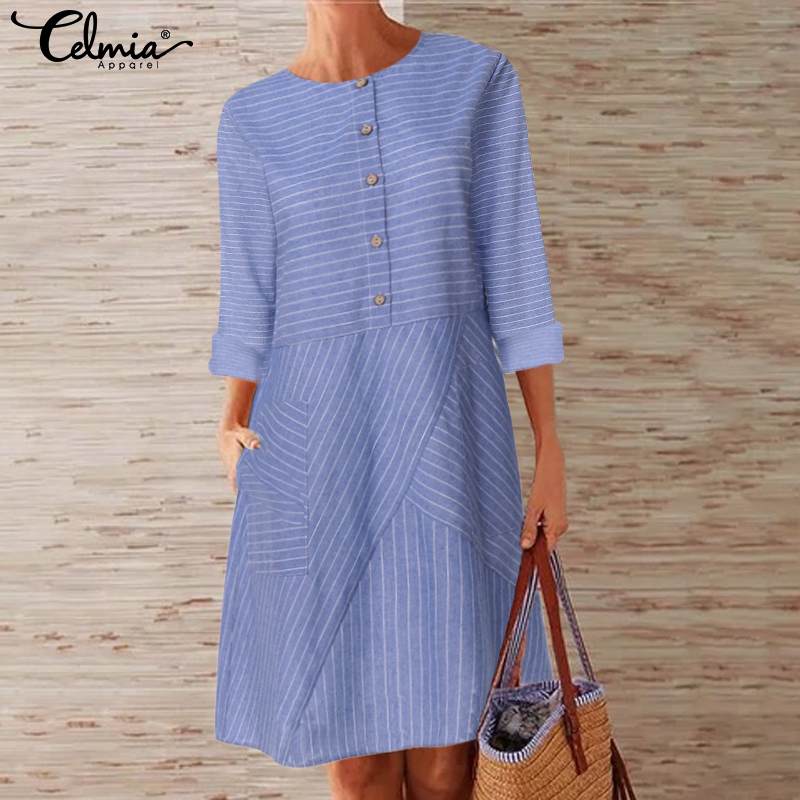 Vintage Women Striped Shirt Dress Celmia 2019 Autumn Long Sleeve Office A line Dress Casual Loose Button Female Vestidos S to 5XL 7
