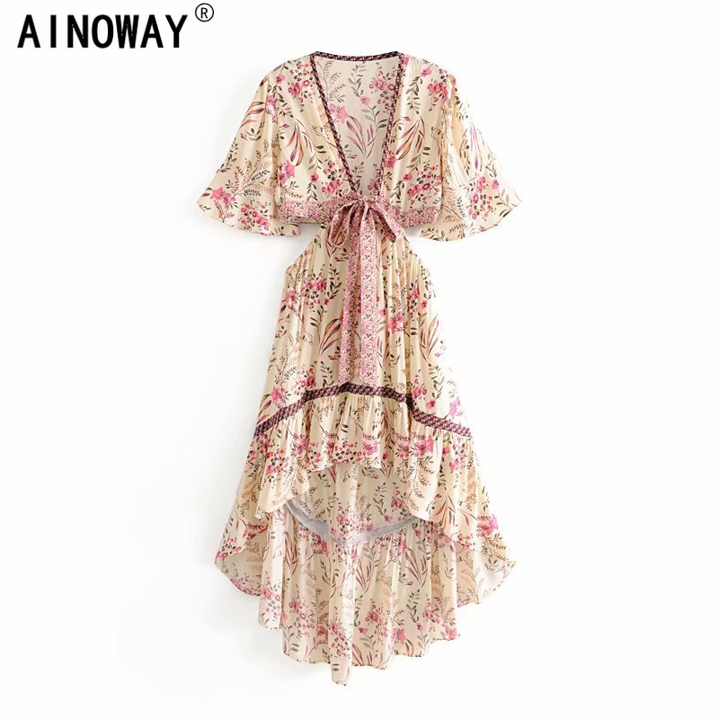 Women's Vintage Chic Floral Dress Short sleeve rayon Bohemian Dresses Ladies V neck Tassel Summer Boho pleated Maxi dress vestidos
