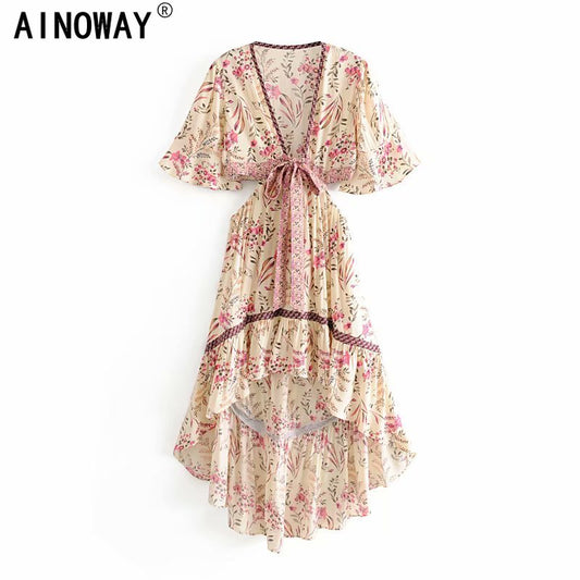 Women's Vintage Chic Floral Dress Short sleeve rayon Bohemian Dresses Ladies V neck Tassel Summer Boho pleated Maxi dress vestidos