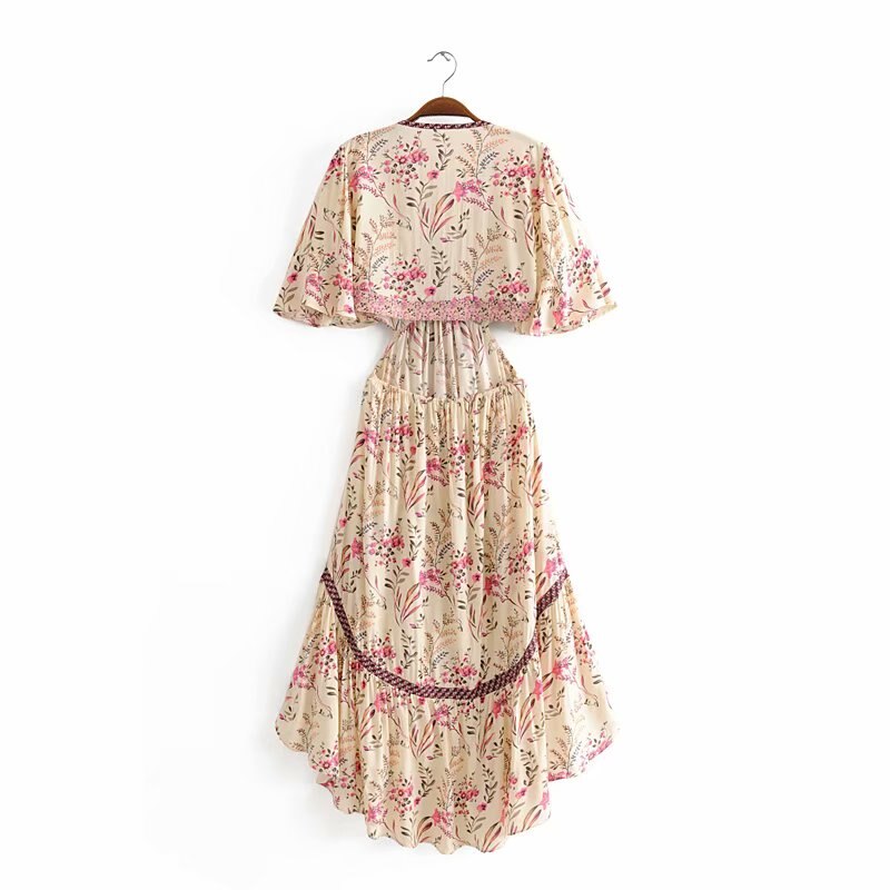 Women's Vintage Chic Floral Dress Short sleeve rayon Bohemian Dresses Ladies V neck Tassel Summer Boho pleated Maxi dress vestidos